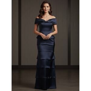 VTG ROSE TAFT Couture Silk Navy Satin Tiered Gown Off Shoulder Formal Dress L